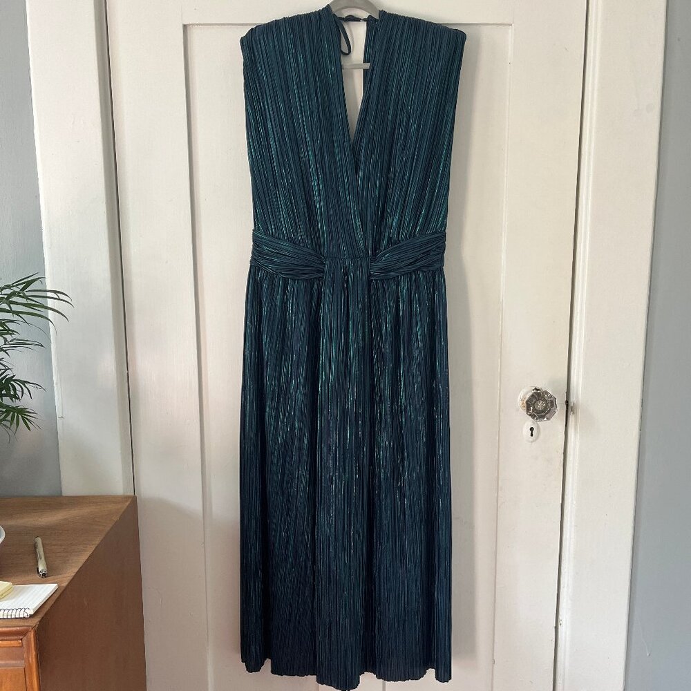 green blue pleated shimmer dress
